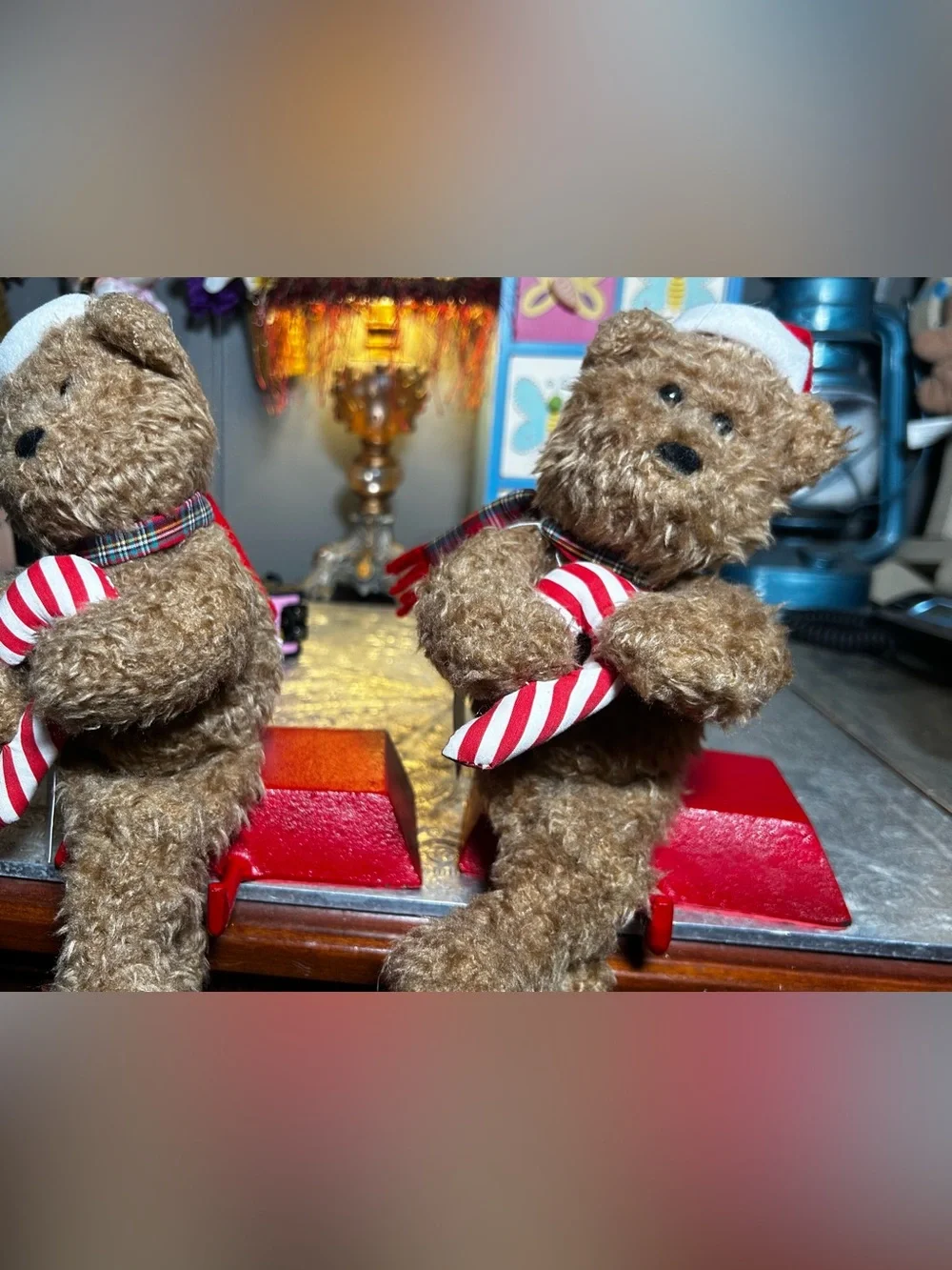 Vintage 1997 Plush Teddy Bear Christmas Stocking Hangers (set of 2)